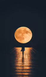 a person standing on a wooden pier with a big yellow moon above them