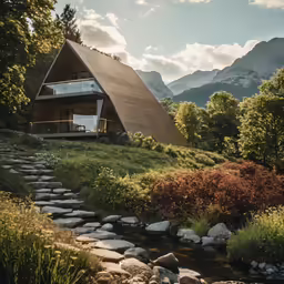 a triangle shaped building made out of wood and steel