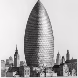 the unusual building sits in front of the city