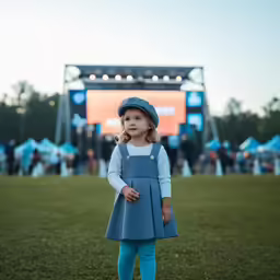 a little girl in a blue dress and a blue hat