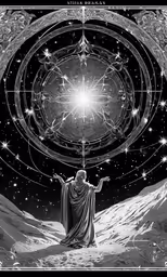 the cover to a black and white album featuring a man surrounded by stars