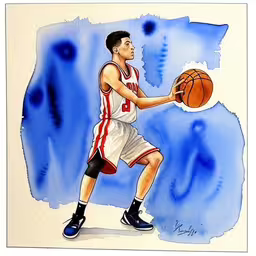 a watercolor painting of a basketball player holding a ball,a painting of a man with a basketball in his hands