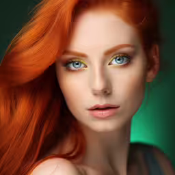 a woman with bright orange hair wearing gold makeup,a woman with red hair wearing yellow