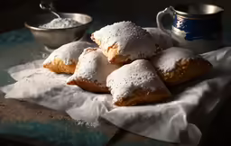 four pastries on a table next to two bowls