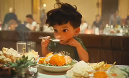 a little boy sitting at a table with food in front of him