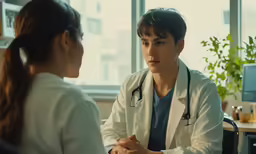 a man and woman wearing lab coats, talking