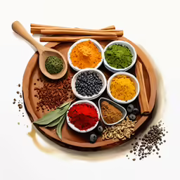 an overhead view of bowls and spoons with different types of spices