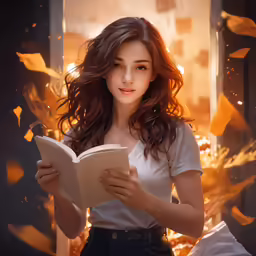 a woman in white shirt and black pants holding a book