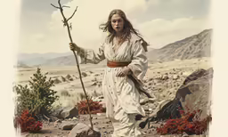 a woman holding a stick while walking across a desert