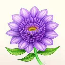 a drawing of a purple flower with leaves,an artistic picture of a purple flower that is drawn by hand