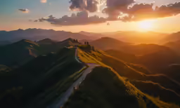a beautiful view of a valley with sun shining in the distance
