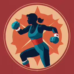 woman in a blue top and red shorts is on the image with boxing gloves,a woman with gloves running through a red circle