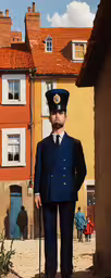 a man standing on a street near buildings,the man in the uniform of the police officer is holding a cane