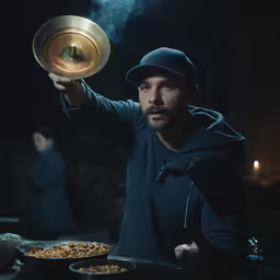 a man wearing black hoodie holding up a large golden pot over his head in the dark