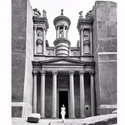 a man standing outside of an old building with a spire