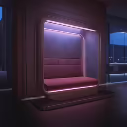 an empty room with a couch and windows with view on city