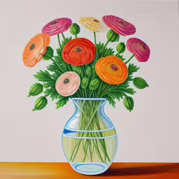 a painting of some flowers in a vase,there is a painting of flowers in a vase,a vase filled with water and colorful flowers,a vase full of different colored flowers on a wooden table,an image of a painting of flowers in a vase