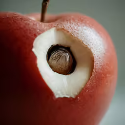 a close up of a red apple with a white interior