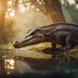 a crocodile is sitting on the ground next to the water