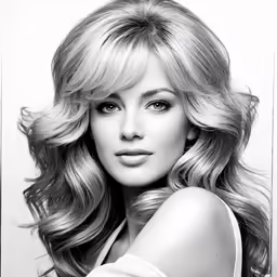 a black and white photo of a blonde girl with wavy hair