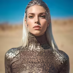 an attractive blond with blue eyes and piercings standing in the desert