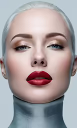 a woman with blonde hair and a lipstick on her cheek