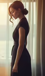 a woman in a dark dress looking out of a window