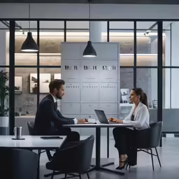 a man and woman sitting at a table talking