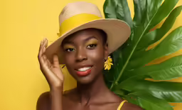 a woman with a bright smile and a bright hat