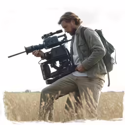 the man has a backpack on with some cameras in hand
