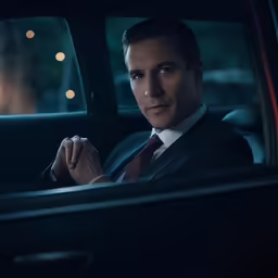 man wearing a suit in a car driving at night
