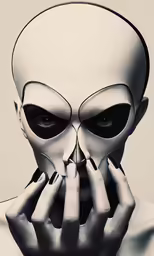 the man is wearing a white mask with two fingers