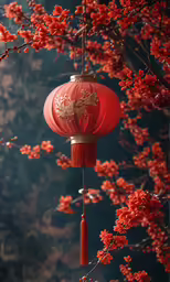 a red lantern is hung from a branch