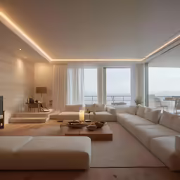 a living room with couches and tables is lit by lights