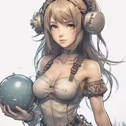 an anime character in headphones holding a ball