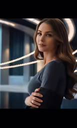 a beautiful woman with long dark hair standing in a room