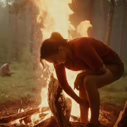 the young woman is lighting fire from her fire pit