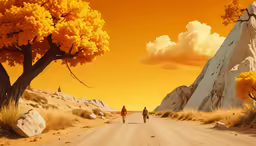two people walking down a dirt road surrounded by trees