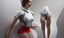 a woman in high school outfits standing by a large white object