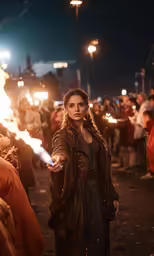 the lady is holding torches on the dark street