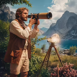 the man is looking through his telescope as he is looking into the distance