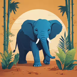 an elephant stands among palm trees and vegetation,the elephant is standing alone in a cartoon landscape