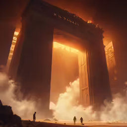 people stand near a massive structure with steam rising