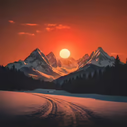 a sunrise over a mountain covered in snow