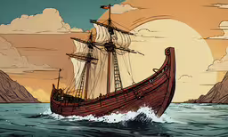 an old wooden ship sailing on the sea at sunset,a pirate boat on the water with a sunset background