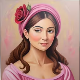 a painting shows the likeness of a beautiful woman with a rose on her head,a portrait painting of a woman wearing a pink dress with a flower in her hair