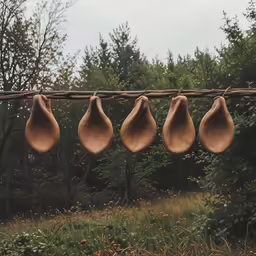 a wooden pole holding four hats with trees in the background