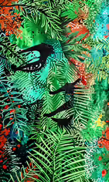 a colorful pattern with green leaves, feathers, and eyes