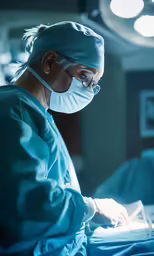 a surgeon in scrubs and a mask working