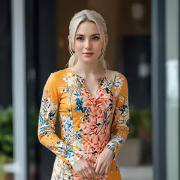 a beautiful blond woman wearing an orange and yellow top